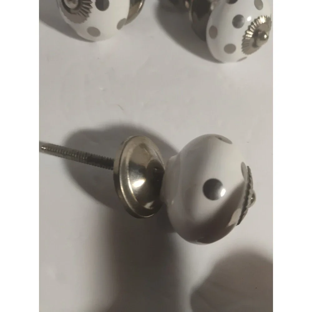 New 6Furniture Knobs, Drawer Pulls, Silver & White Polka Dot Porcelain 2-7/8”